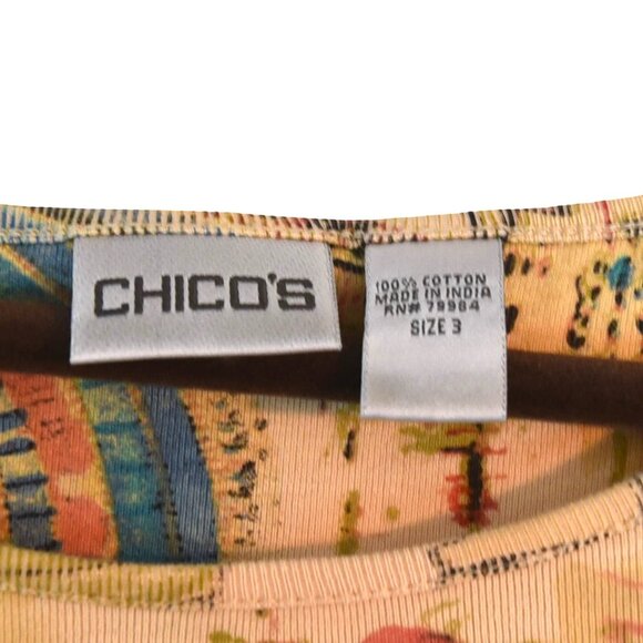 Chico’s Size 3 Egyptian Print Long Sleeve Top 100% Cotton Artsy Graphic Blouse - Picture 4 of 6